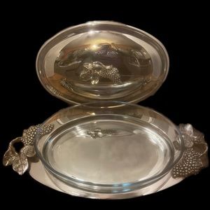 Vintage Godinger Silver Oval Casserole Dish with Lid and Tray Grape Pattern 19”
